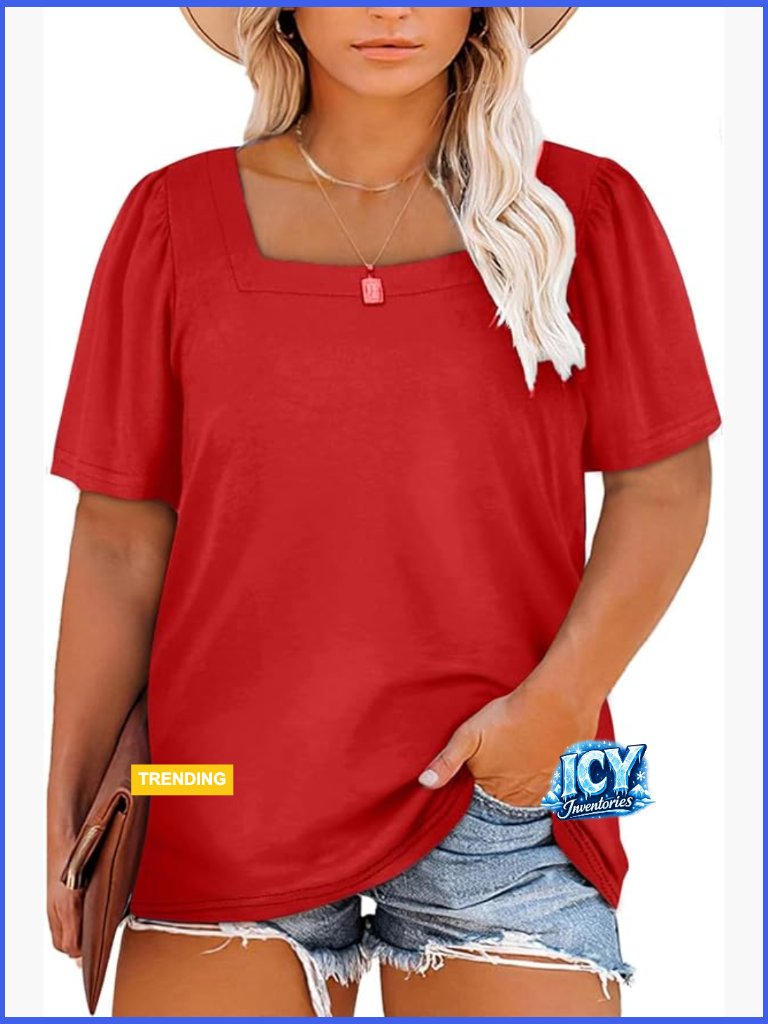 Plus Size Square Neck Puff Sleeve Casual Blouse Polyester Blend